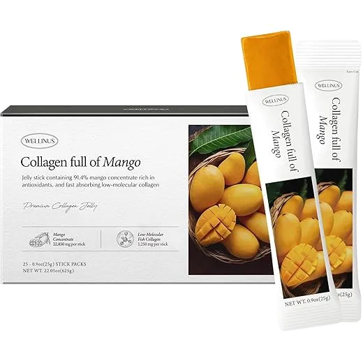 Korean Collagen Jelly Sticks - 25 Mango Flavored Marine Collagen Peptide Snacks for Anti-Aging- Collagen Protein Sugar-Free, Travel Packs for Hair & Nail Strength