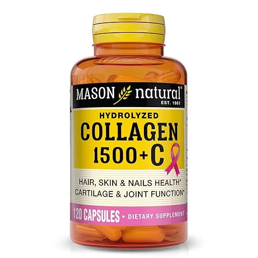 MASON NATURAL 1500mg Collagen with Vitamin C, Biotin, & Calcium, 40 Day Supply Capsules, Supplement for Hair, Skin, and Nails.