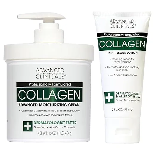 Advanced Clinicals Collagen Cream Body Lotion & Face Moisturizer | Skincare Anti Aging Collagen Lotion For Women, Men, Hand, & Neck Improves Look Of Crepe Skin & Uneven Dry Skin, 16Oz + Travel Size