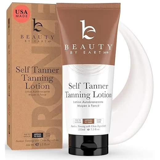Beauty by Earth Self Tanner - USA Made with Natural & Organic Ingredients, Moisturizing Self Tanning Lotion with Aloe Vera & Coconut for a Natural Glow, Streak-Free Fake Tan, Medium to Dark