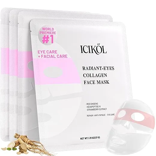 Collagen Face Mask with Ginseng & Peptides, Extra Eye Care Hydrogel Mask for Glass Glow and Skin Lifting Boost, Overnight Deep Hydrating, 37g x 4 Sheets