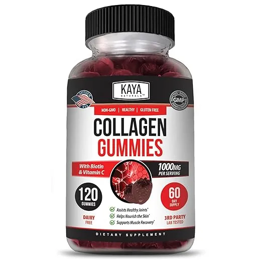 Kaya Naturals Collagen Gummy for Men & Women, 120 Count, 1000mg of Hydrolyzed Collagen, Vitamin C, Selenium & Biotin, Collagen/Strawberry Flavor (120 Gummies)