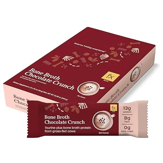 Fx Bone Broth Protein Bar - 13g Protein with Taurine + Grass Fed Collagen for Healthy Aging, Skin + Gut Health - 0g Sugar, Chocolate Crunch Flavor (12 Bars)