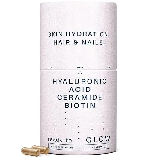 Glow Anti Aging Supplement - Hyabest® Hyaluronic Acid, Ceramide, 5000 mcg Biotin, Vitamin A, C, E, Zinc - Hair Skin Nails Vitamins for Women & Men - Wrinkles & Skin Hydration - 60 Capsules