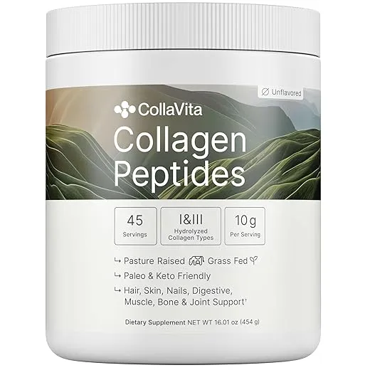 Collagen Peptides Powder Grass-Fed Pasture-Raised Hydrolyzed Collagen Powder, Type I & III Hair, Nails, Skin and Joints, Non-GMO, Paleo & Keto, Unflavored, 16 Fl oz. 45 Servings
