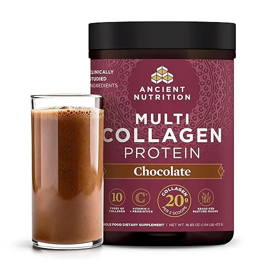 Ancient Nutrition Hydrolyzed Collagen Peptides Powder with Probiotics, Chocolate Multi Collagen Protein for Women and Men with Vitamin C, 40 Servings, Supports Skin and Nails, Gut Health, 16.65oz