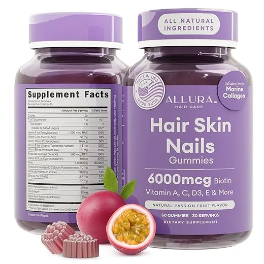 Hair Skin and Nails Vitamins for Women – Extra Strength 6000mcg Biotin Hair Gummies with Marine Collagen, Vitamin E, A, C & PABA for Hair Growth, Healthy Skin & Nails – Made in US, Passion Fruit, 60ct