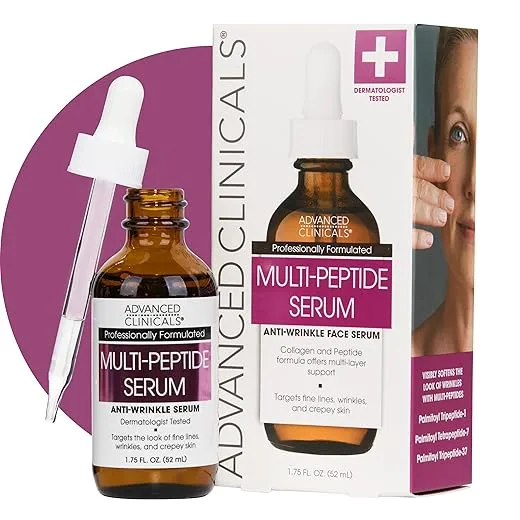 Advanced Clinicals Multi Peptides Serum For Face | Visible Anti Aging Hydrating Collagen Peptide Facial Serum With Vitamin E Helps Improve Look Of Wrinkles, Puffiness, & Uneven Skin Tone, 1.75 Fl Oz