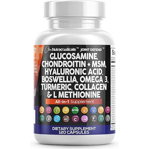 Clean Nutraceuticals Glucosamine Chondroitin MSM 1500mg with Turmeric Curcumin, Collagen, Hyaluronic Acid, Omega 3 – Joint Health Supplement for Men & Women – Joint Complex – 120 Count