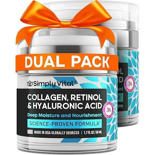 SimplyVital Anti-Aging Collagen Retinol Cream for Face, Neck & Décolleté with Hyaluronic Acid - Made in USA, Daily Collagen, Retinol & Hyaluronic Acid Cream, 2-Pack