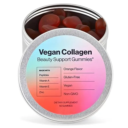 Vegan Beauty Support Gummies Collagen Booster with Biotin, Vitamin C, A, E, Folic Acid, and More - 60 Gummies - Plastic-Free Tin - Made with Natural Ingredients