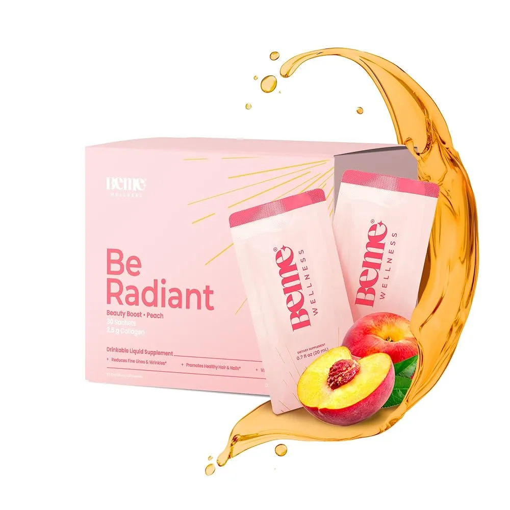Be Radiant Liquid Collagen Peptides for Women and Men with Vitamin-C, Biotin, CoQ10 - Collagen for Women, Promotes Hair, Nail and Skin Health - 30 Day Supply 0.7 Fl Oz Travel Packets (Pack of 30)