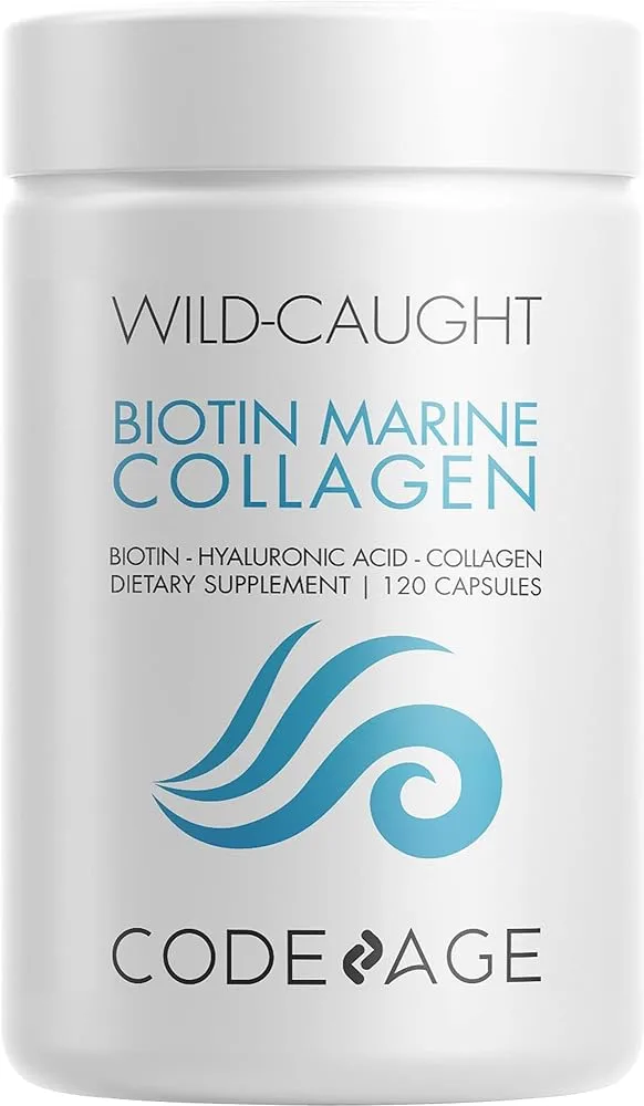 Codeage Marine Collagen Peptides – Hydrolyzed Fish Collagen Protein Supplement, 10,000mcg Biotin Collagen, Vitamin C, E, Hyaluronic Acid Amino Acid - Hair, Skin, Joint, Wild-Caught Fish - 120 capsules