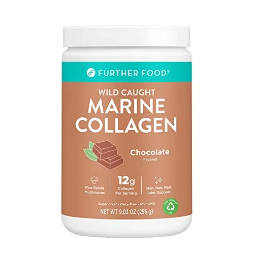 Further Food Chocolate Marine Collagen Peptides Powder, Wild Caught, Sustainable, Type 1, 2 & 3 Collagen, Gut + Joint Support, Hair, Skin, Nails, Sugar-Free (256 Grams/ 9.03 oz)