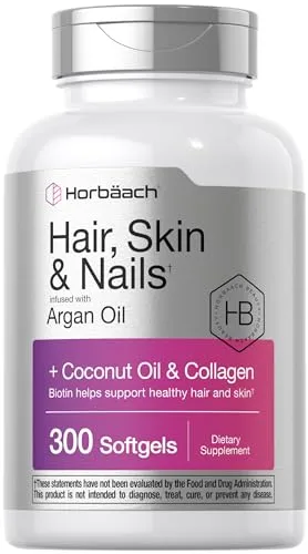 Hair Skin and Nails Vitamins | 300 Softgels | with Biotin and Collagen | Infused with Argan Oil and Coconut Oil | Non-GMO, Gluten Free Supplement | by Horbaach