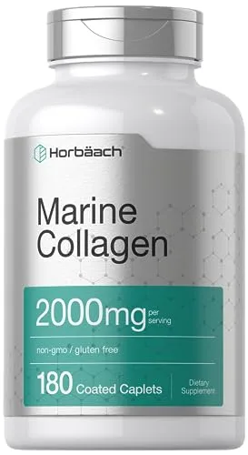 Marine Collagen Peptides 2000mg | 180 Caplet Capsules | with Calcium | Non-GMO, Gluten Free Supplement | by Horbaach