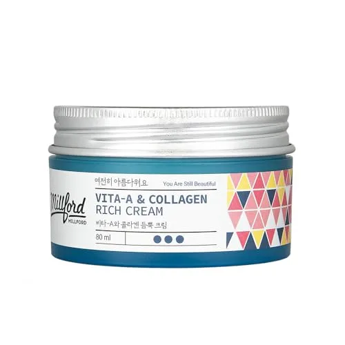 Millford Vita A & Collagen Rich Cream 80ml/2.7 Oz, Fish/Marine Collagen, Face Cream, Anti Aging, Facial Moisturizer, Wrinkes, Fine Lines, Retinyl Palmitate, Korean Skincare
