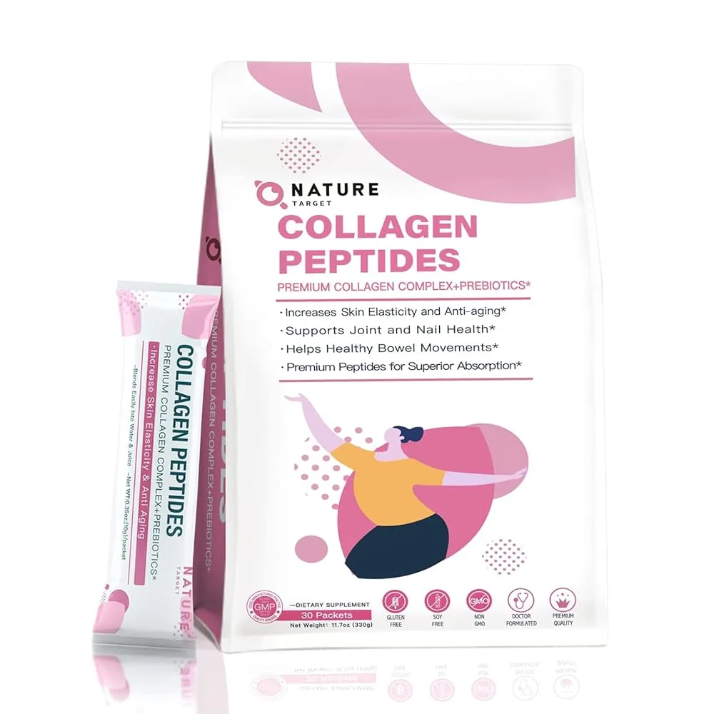 NATURE TARGET,Multi Collagen Peptides Powder - Type I, II, III, V, X - Enhanced Absorption, Hydrolyzed Collagen Peptides with Prebiotics, Sugar-Free, Skin Hair Nail & Joint Support, Non-GMO