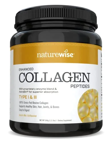 NatureWise Enhanced Collagen Peptides (45 Servings) - Hydrolyzed Type I & III to Support Hair, Skin, Joint, and Bone Health with Astragalus for Easy Absorption & Digestibility (1.11 LBS Net Weight)