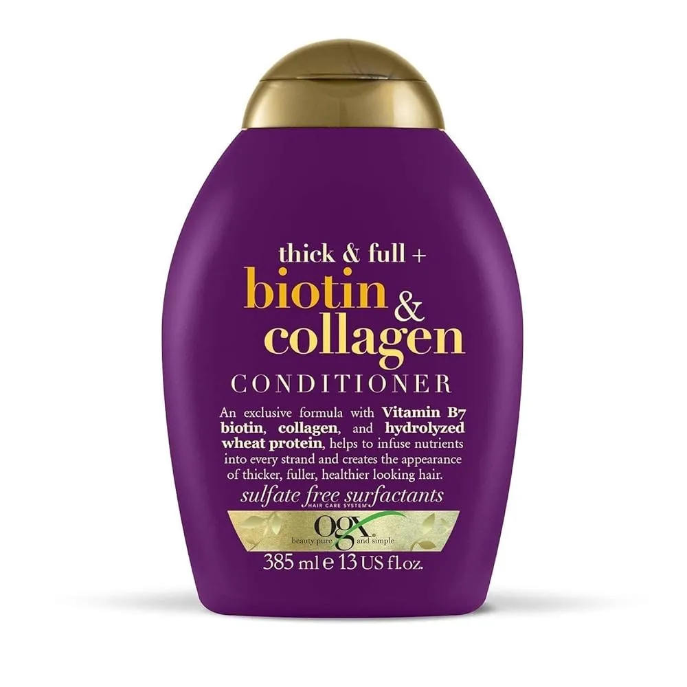 OGX Thick & Full + Biotin & Collagen Volumizing Conditioner for Thin Hair, with Vitamin B7 & Hydrolyzed Wheat Protein, Paraben-Free, Sulfate-Free Surfactants, 13 fl oz