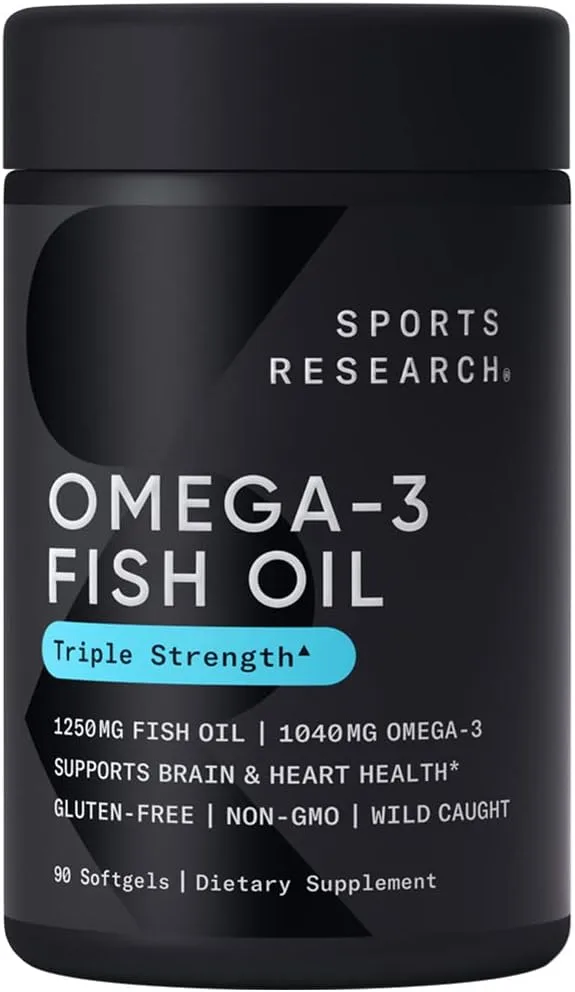 Sports Research Triple Strength Omega 3 Fish Oil - Burpless Fish Oil Supplement w/EPA & DHA Fatty Acids from Single-Source Wild Alaskan Pollock - 1250 mg, 90 ct